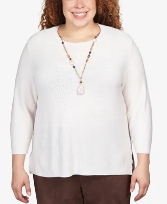 Alfred Dunner Plus Size Autumn Weekend Solid Texture Split Hem Sweater with Necklace