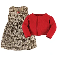 Hudson Baby Toddler Girls Quilted Cardigan and Dress, Leopard Red