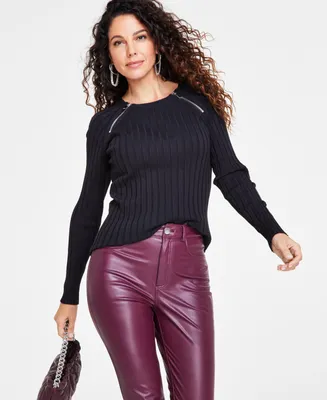 I.n.c. International Concepts Women's Zipper Detail Ribbed Long Sleeve Sweater, Created for Macy's