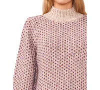 CeCe Women's Marled Blouson Sleeve Jacquard Knit Mock Neck Sweater