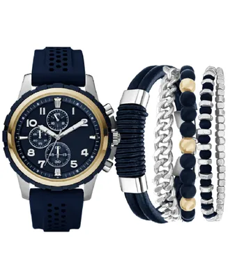 American Exchange Men's Navy Perforated Silicone Strap Watch 45mm Gift Set