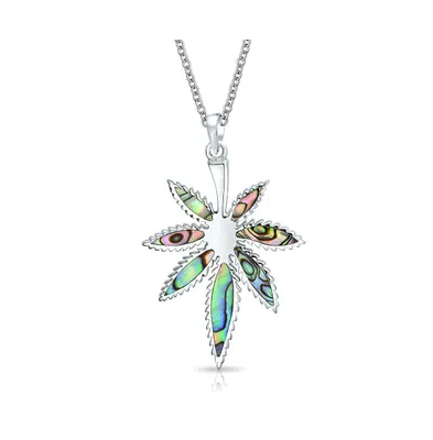 Bling Jewelry Unisex Large Rainbow Abalone Shell Inlay Marijuana Leaf Dangle Pendant Necklace Western Jewelry For Women Men .925 Sterling Silver With