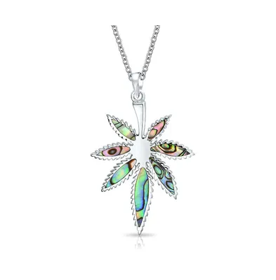 Bling Jewelry Large Rainbow Abalone Shell Inlay Marijuana Leaf Dangle Pendant Necklace For Women Sterling Silver With Chain - Multi