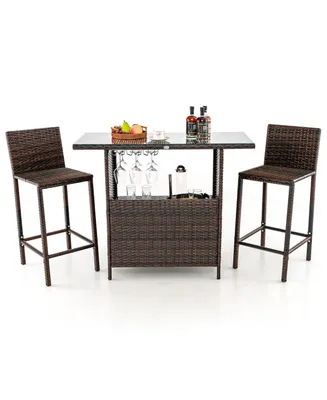 Costway Patio 3PCS Wicker Bar Set Height Table Two Stools with 3 Rows Stemware Racks Garden