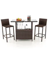 Costway Patio 3PCS Wicker Bar Set Height Table Two Stools with 3 Rows Stemware Racks Garden