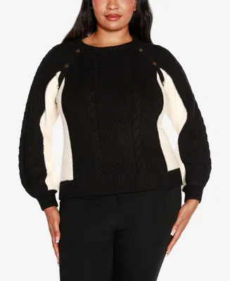 Belldini Black Label Plus Size Colorblock Cable Knit Sweater