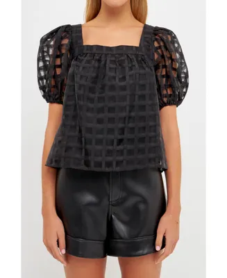 English Factory Women's Organza Gridded Square Neck Crop Top