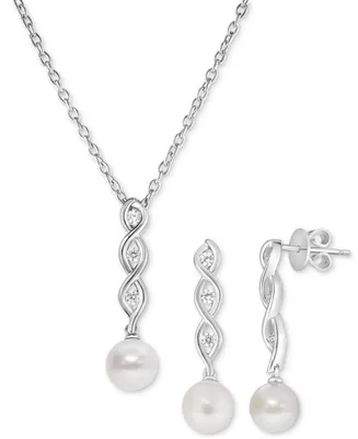 2-Pc. Set Freshwater Pearl (6-1/2 - 7mm) & Cubic Zirconia Twist Pendant Necklace & Matching Drop Earrings in Sterling Silver