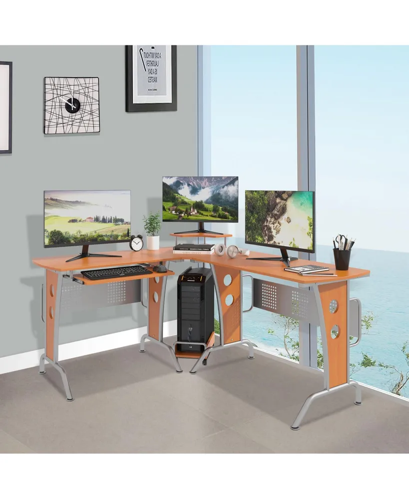 Homcom L-Shaped Corner Computer Office Desk Workstation with Elevated Shelf, Rolling Keyboard Tray, & Convenient Cpu Stand, Wood Color