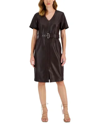T Tahari Women's Belted Faux Leather V-Neck Dress