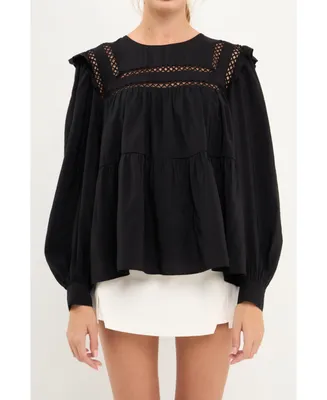 English Factory Women's Ruffled Lace Insert Blouse