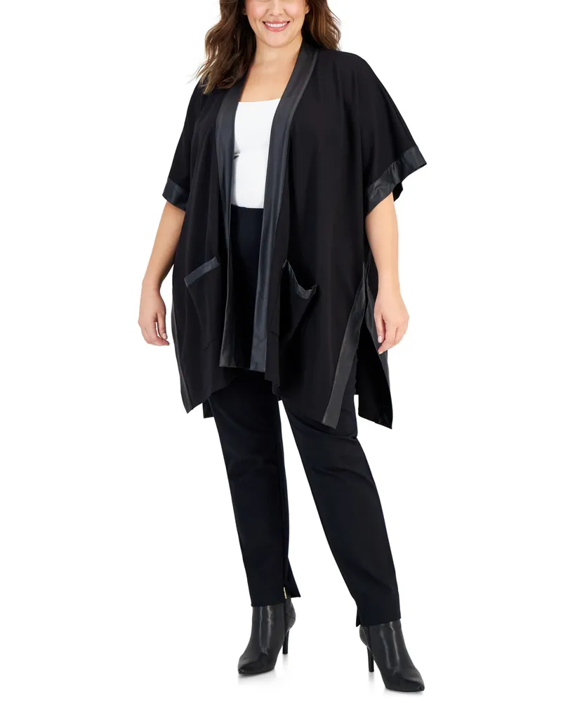 Anne Klein Plus Faux-Leather-Trim Open-Front Side-Slit Poncho