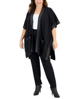 Anne Klein Plus Faux-Leather-Trim Open-Front Side-Slit Poncho