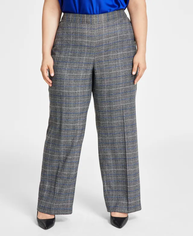 Kasper Plus Plaid Pull-On Straight-Leg Pants