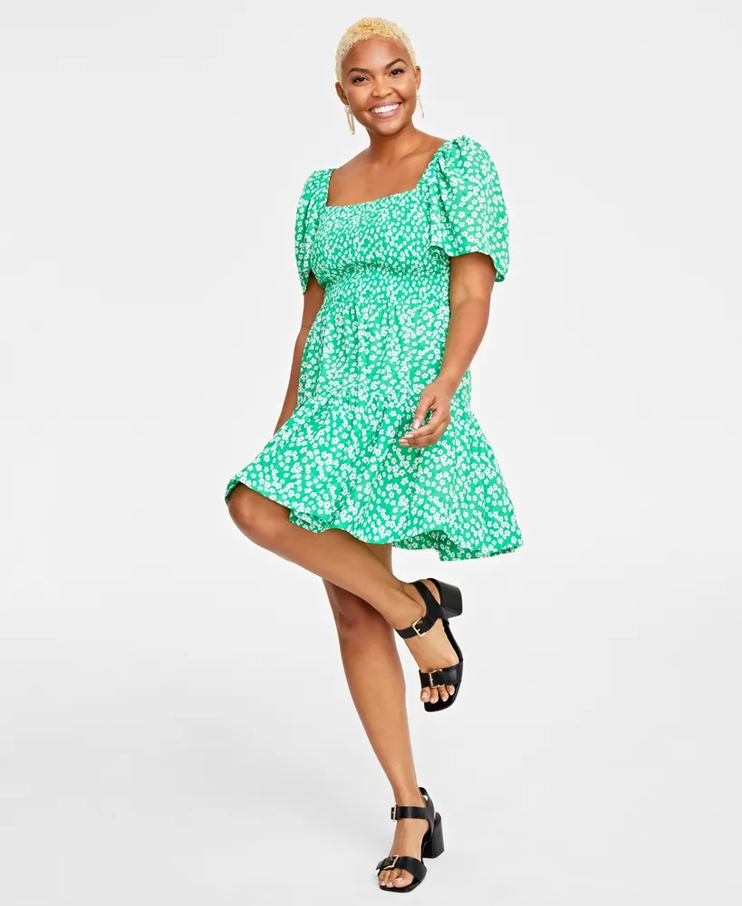 On 34th Women's Floral-Print Square-Neck Smocked Dress, Created for Macy's