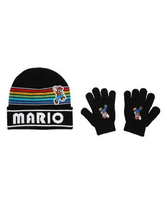Big Boys Mario Rib Knit Hat and Gloves Set, 2 Piece