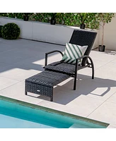 2 Pcs Patio Wicker Elastic Sponge Lounge Chair Back Adjustable with Ottoman