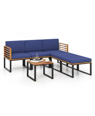 6pcs Patio Acacia Wood Conversation Sofa Seat Set Ottomans Table Outdoor