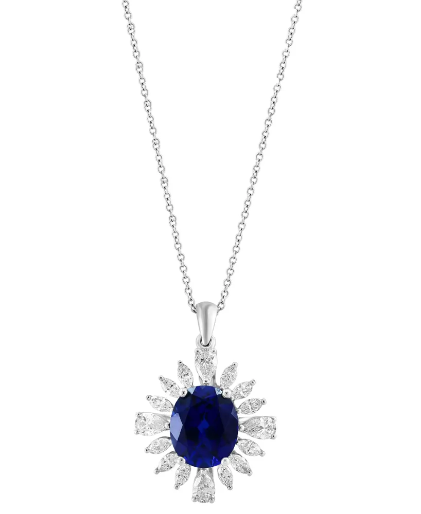 Effy Lab Grown Sapphire (4-1/2 ct. t.w.) & Lab Grown Diamond (1-3/4 ct. t.w.) Starburst Halo 18" Pendant Necklace in 14k White Gold