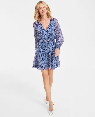 I.n.c. International Concepts Women's Printed V-Neck Long-Sleeve Belted Dress, Created for Macy's