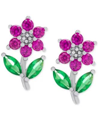 Lab-Grown Pink Sapphire (5/8 ct. t.w.) & Green Crystal Flower Stud Earrings in Sterling Silver