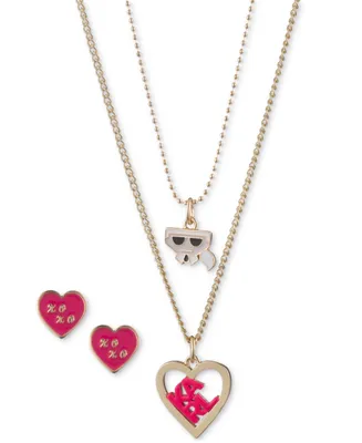 Karl Lagerfeld Paris Gold-Tone Karl Heart Layered Pendant Necklace & Stud Earrings Set
