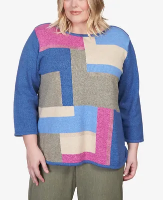 Alfred Dunner Plus Size Chelsea Market Colorblock Crew Neck Sweatshirt