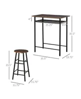 Homcom 3 Piece Counter Height Bar Table and Chairs Set, Space Saving Dining Table with 2 Matching Stools, Storage Shelf Metal Frame Footrest, Black