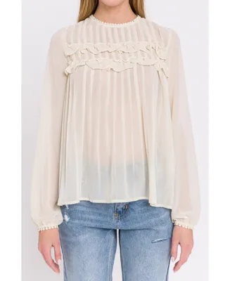 endless rose Women's Lace Detail Pleated Blouse