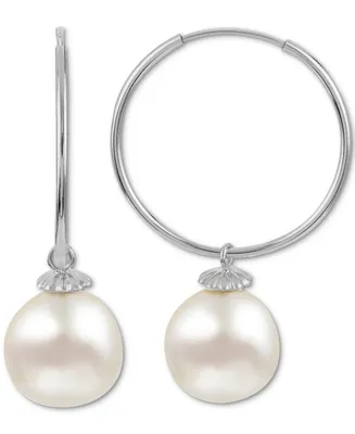 Cultured Freshwater Pearl (10mm) Dangle Hoop Earrings 14k Gold