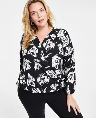 I.n.c. International Concepts Plus Floral-Print Surplice-Neck Top, Created for Macy's