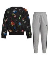 adidas Little Boys Long Sleeve Printed Crewneck Pullover and Joggers