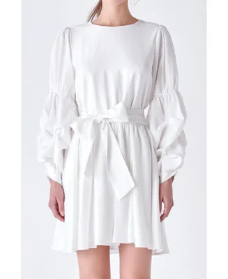 English Factory Women's Cinched Puff Sleeve Belted Dress