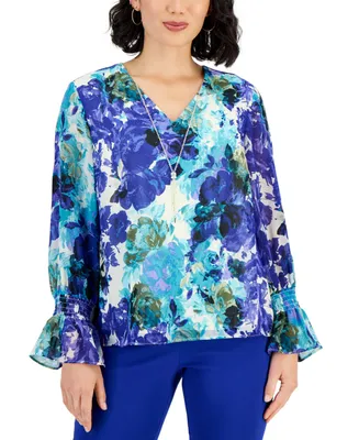 Jm Collection Plus Caludette Rose Smocked-Sleeve Necklace Top, Created for Macy's