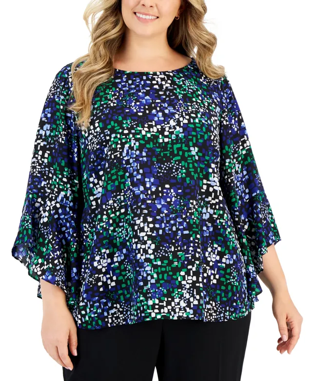 Kasper Plus Printed Boat-Neck 3/4-Ruffle-Sleeve Top