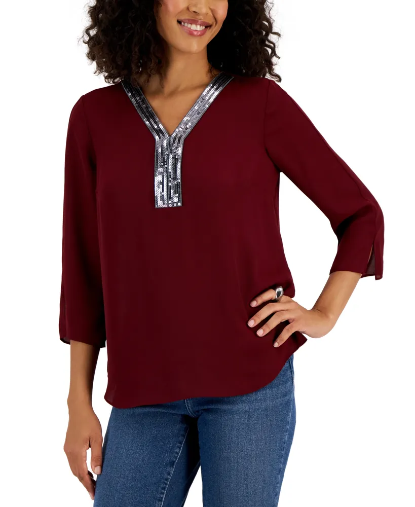 Jm Collection Petite Sequined-Trimmed Y-Neck 3/4-Sleeve Top