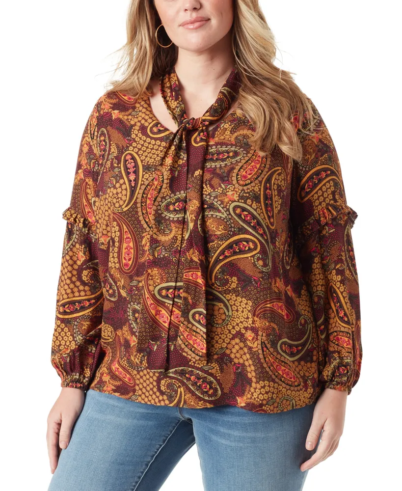 Jessica Simpson Trendy Plus Printed Tie-Neck Top - Deep Mahogany