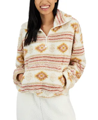 Hippie Rose Juniors' Extended Quarter-Zip Long-Sleeve Sherpa Sweatshirt