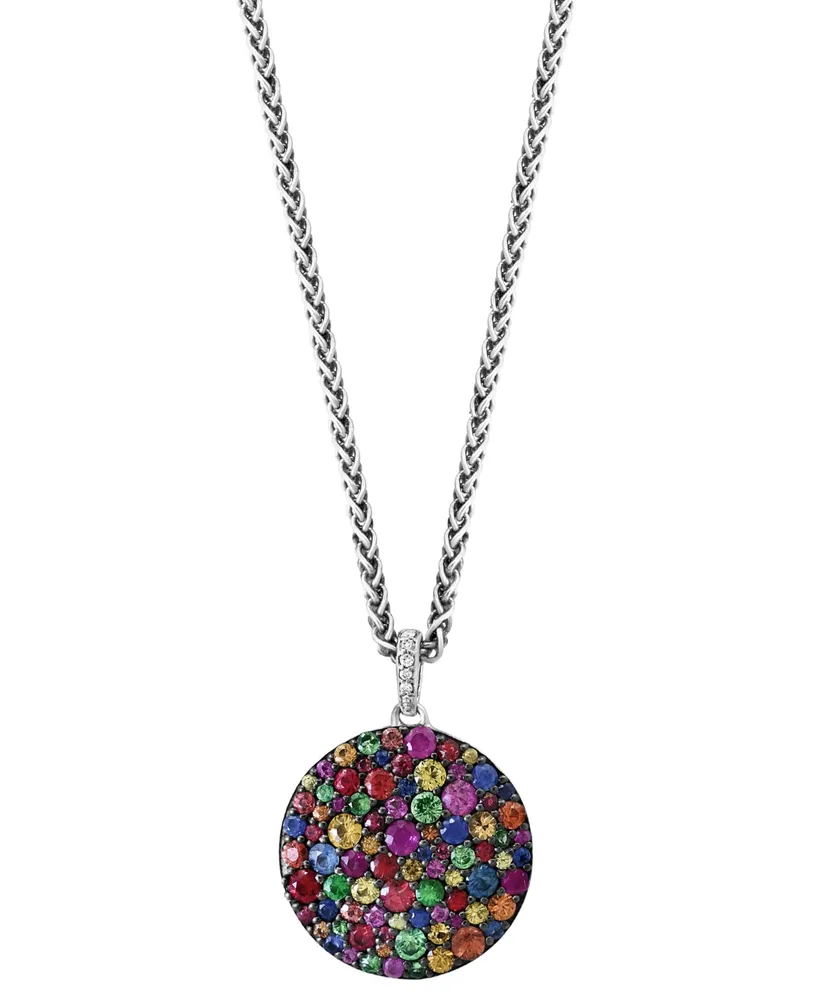 Effy Multi-Sapphire (2-5/8 ct. t.w.), Tsavorite (1/2 ct. t.w.) & Diamond Accent Pave Disc 18" Pendant Necklace in Sterling Silver