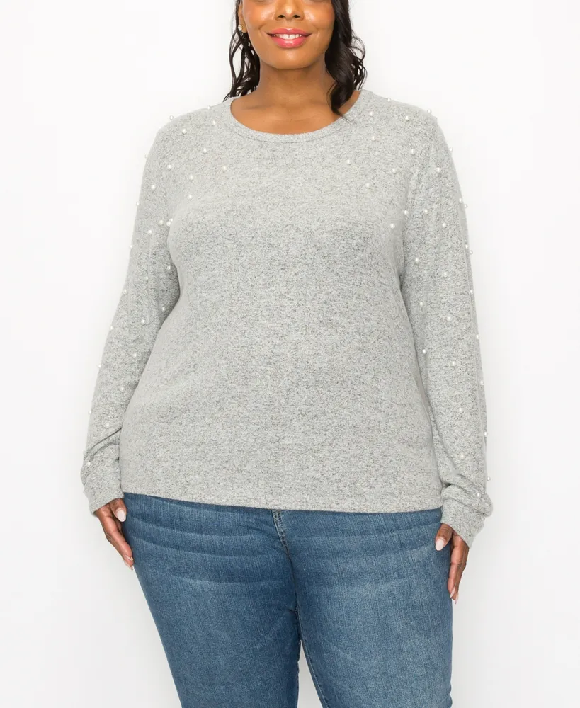 Coin 1804 Plus Long Sleeve Pullover Top with Imitation Pearls