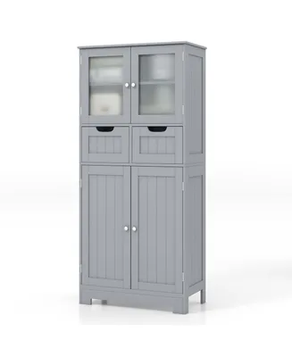 Bathroom Floor Storage Cabinet Kitchen Cupboard with 2 Drawers & Glass Doors