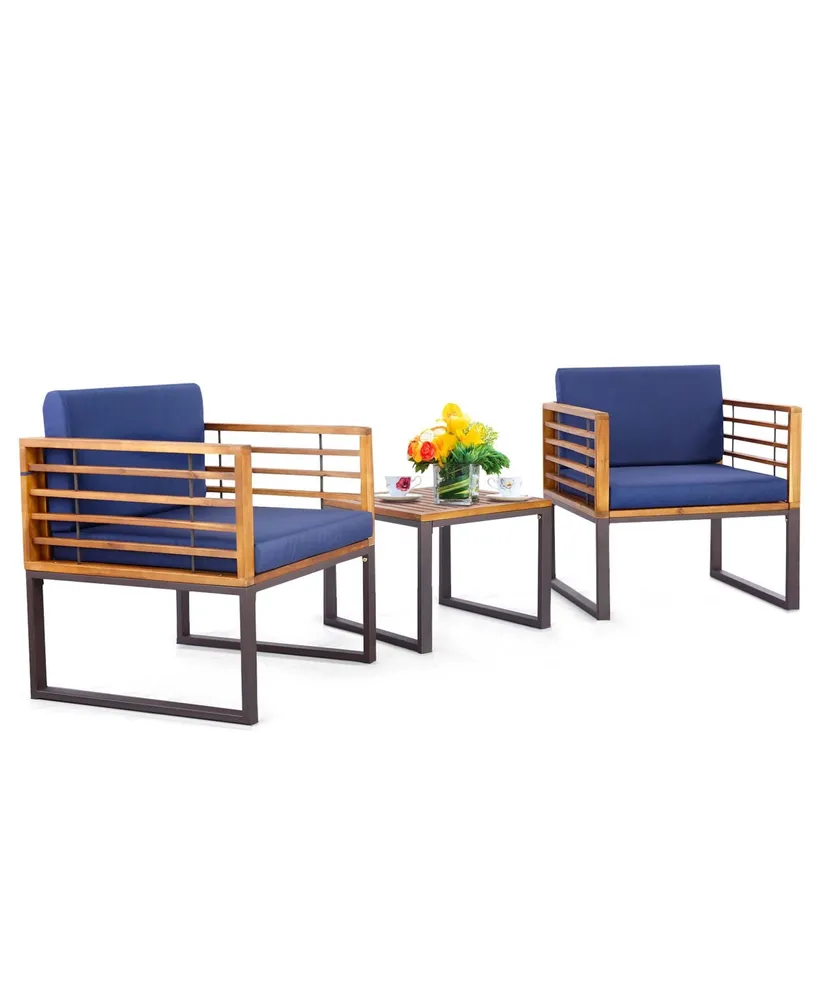 3pcs Patio Acacia Wood Bistro Conversation Cushioned Chair & Table Set Outdoor