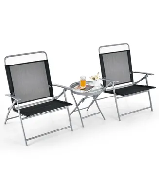 3pcs Patio Folding Table Chair Set Extra-Large Seat Metal Frame Portable Outdoor