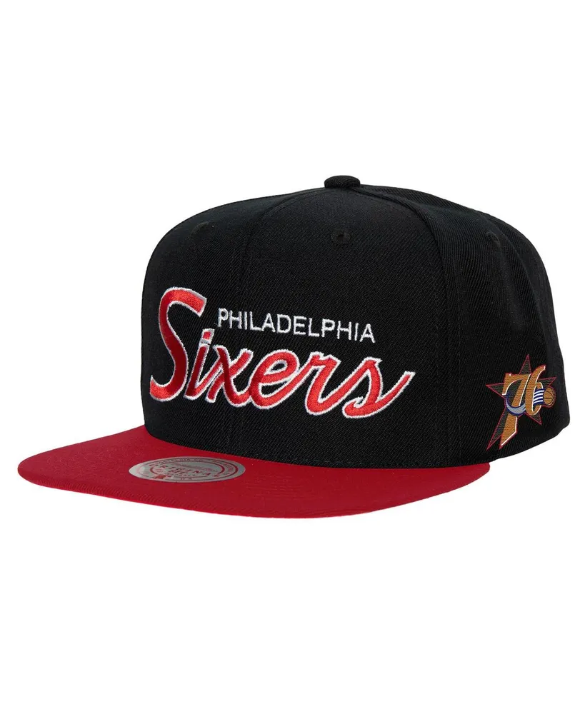 Men's Mitchell & Ness Black Philadelphia 76ers Hardwood Classics Mvp Team Script 2.0 Snapback Hat