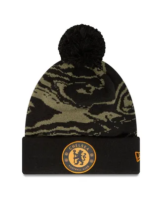 Men's New Era Black Chelsea Allover Print Cuffed Knit Hat with Pom