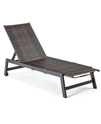 1PC Patio Galvanized Steel Chaise Lounge with Wheels Outdoor Pe Rattan Recliner Chair