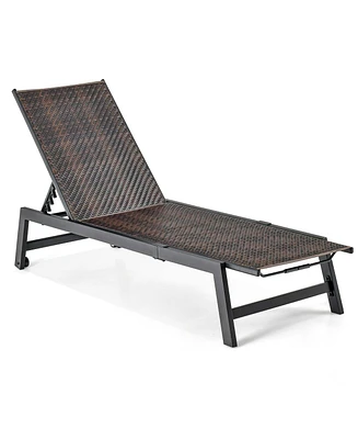 1PC Patio Galvanized Steel Chaise Lounge with Wheels Outdoor Pe Rattan Recliner Chair