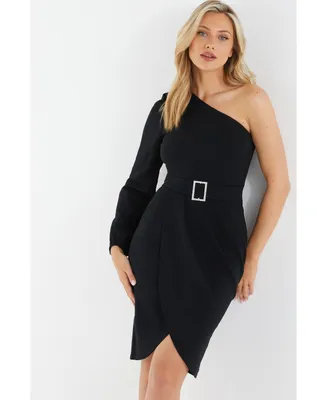 Women's Black One Shoulder Buckle Detail Mini Dress
