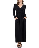 24seven Comfort Apparel Women's Long Sleeve V-neck Side Slit Maxi Dress