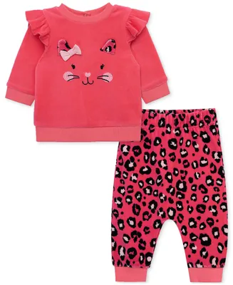 Little Me Baby Girls Leopard Kitty 2-Pc. Velour Top & Pants Set